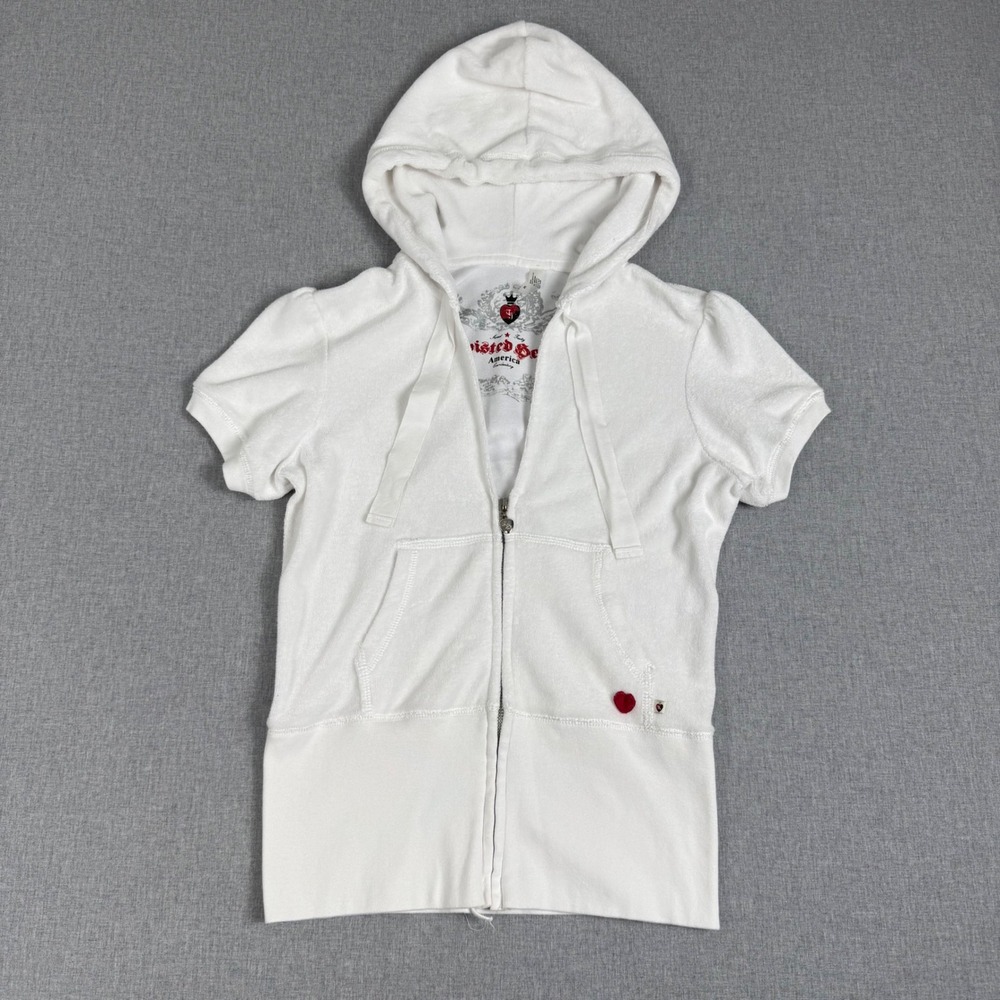 Twisted Heart White Terry Cloth Short Sleeve Zip Up Hoodie Size M Y2K